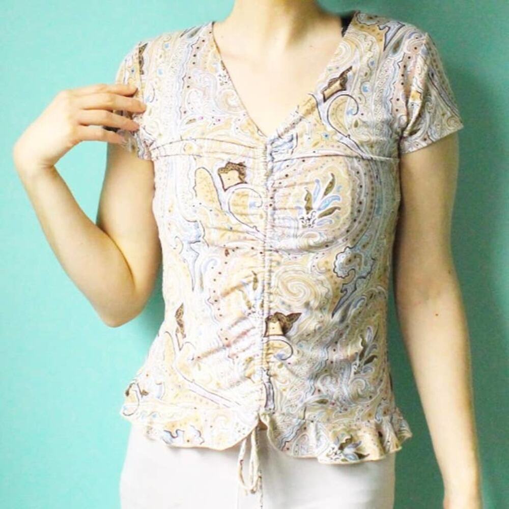 RAVE Vintage 2000's Tan Paisley Floral Ruched Short Sleeve Scrunchy Top - Picture 1 of 7
